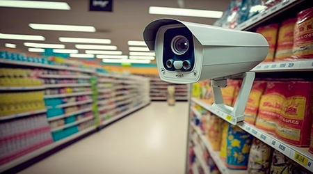 A grocery aisle with a security camera attached to a shelf.